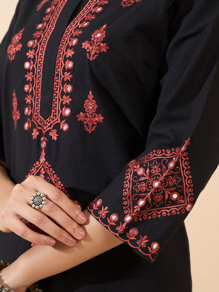 Black Embroidered Cotton Kurta Set with Dupatta