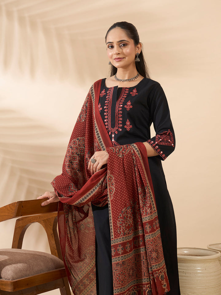Black Embroidered Cotton Kurta Set with Dupatta