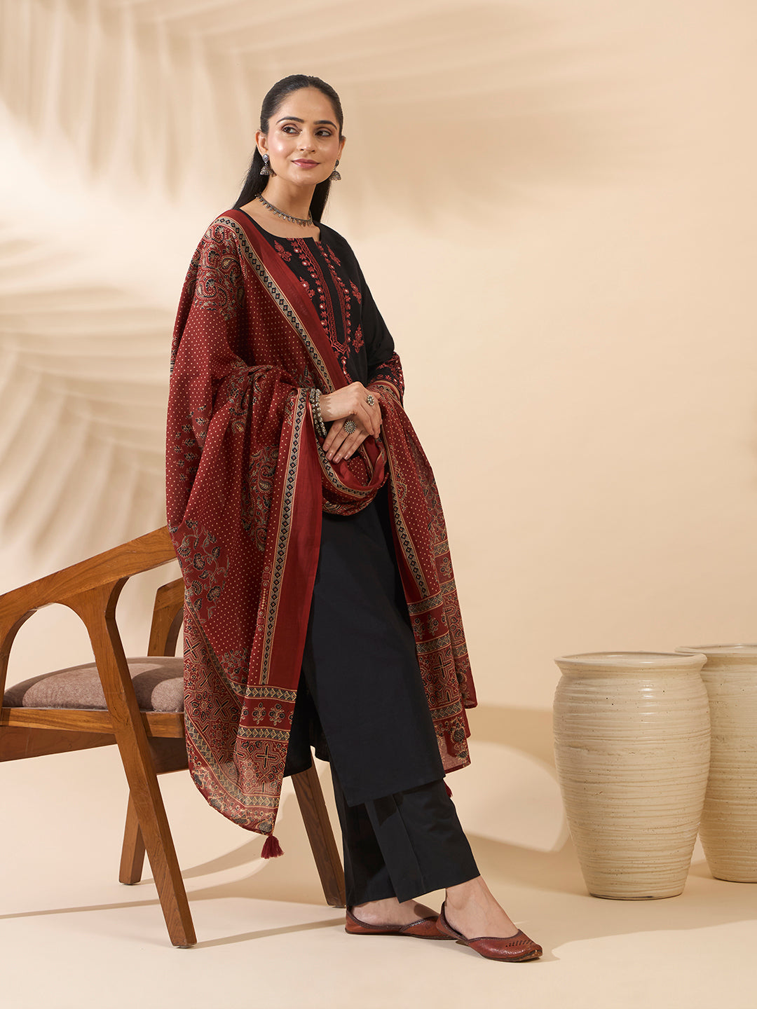 Rust Embroidered Linen Kurta Set with Dupatta
