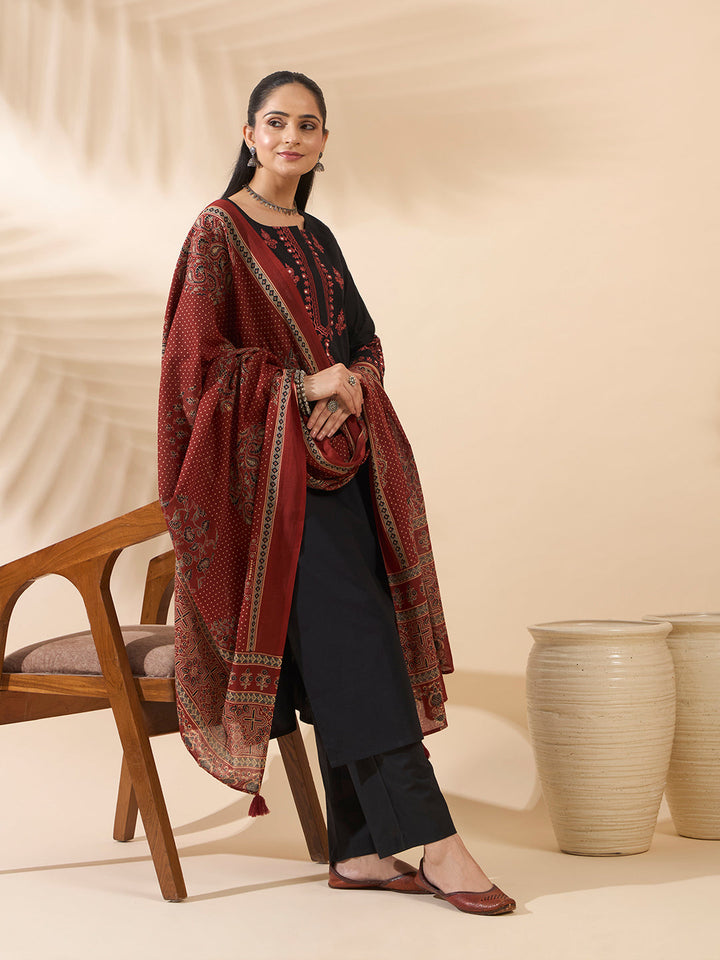 Rust Embroidered Linen Kurta Set with Dupatta