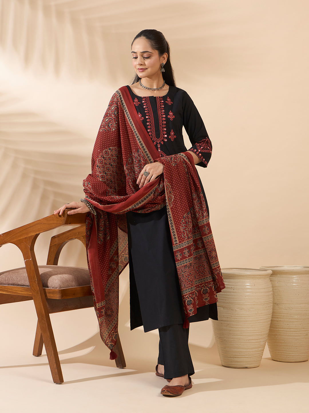 Black Embroidered Cotton Kurta Set with Dupatta
