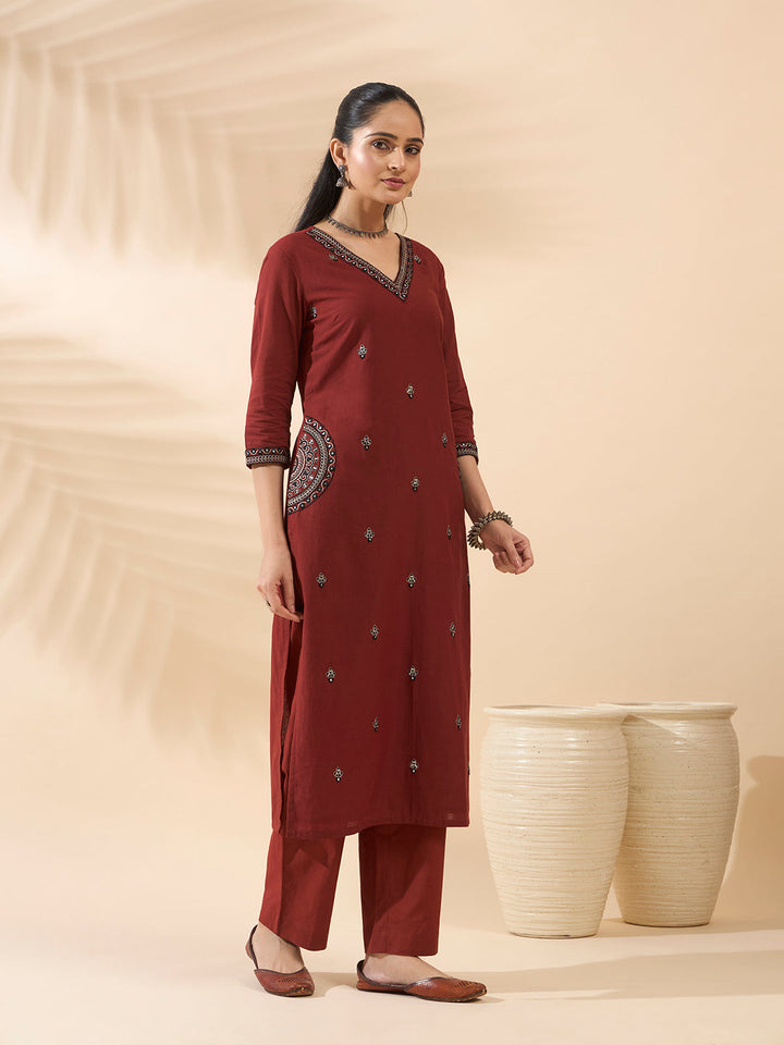 Maroon Embroidered Cotton Kurta Set with Dupatta