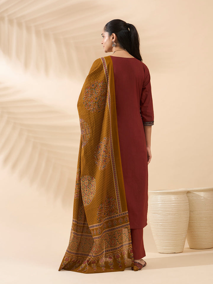 Maroon Embroidered Cotton Kurta Set with Dupatta