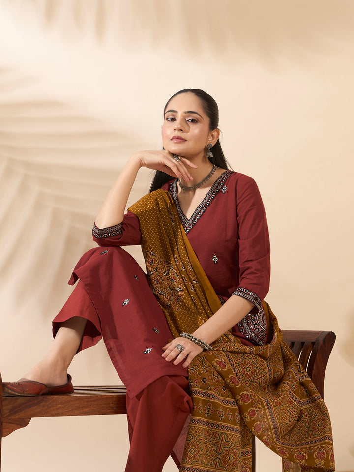 Maroon Embroidered Cotton Kurta Set with Dupatta