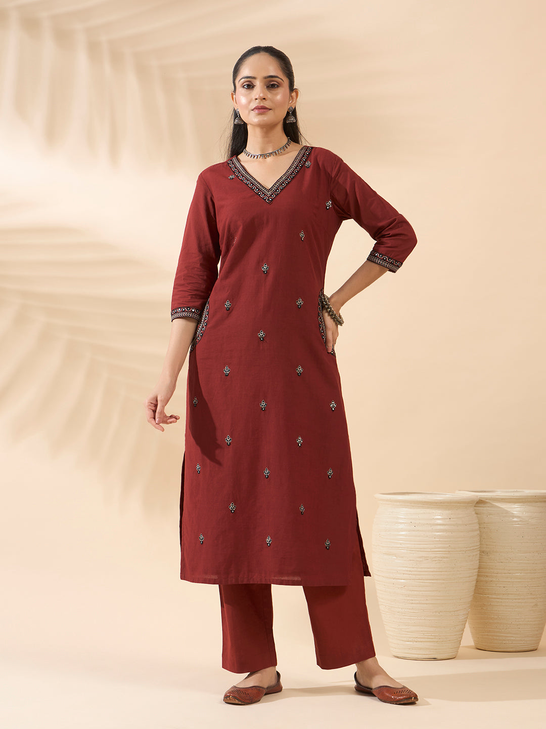 Maroon Embroidered Cotton Kurta Set with Dupatta