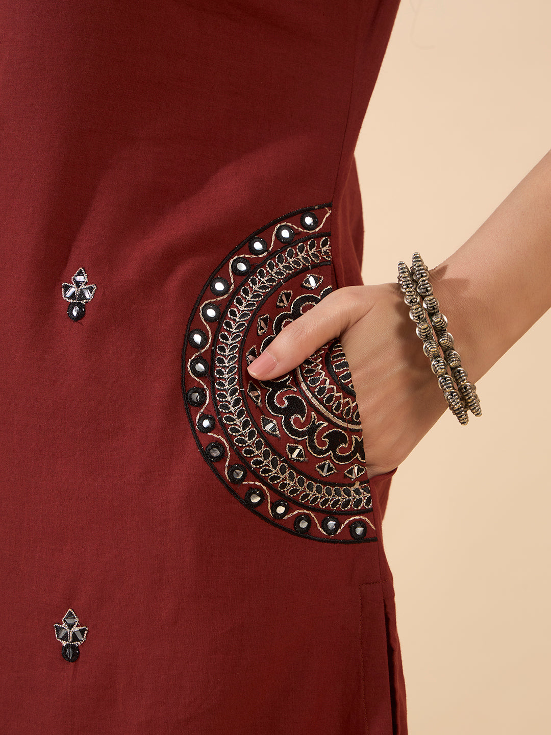 Maroon Embroidered Cotton Kurta Set with Dupatta