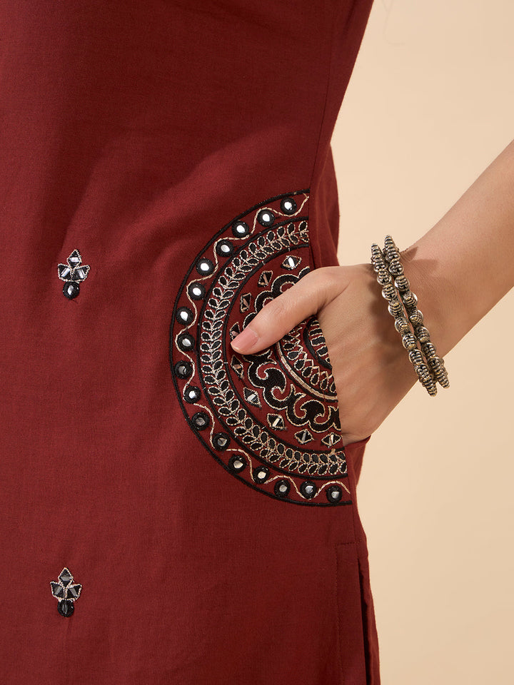Maroon Embroidered Cotton Kurta Set with Dupatta