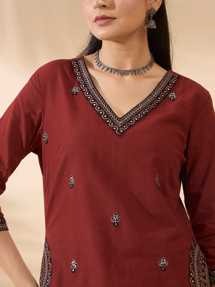 Maroon Embroidered Cotton Kurta Set with Dupatta