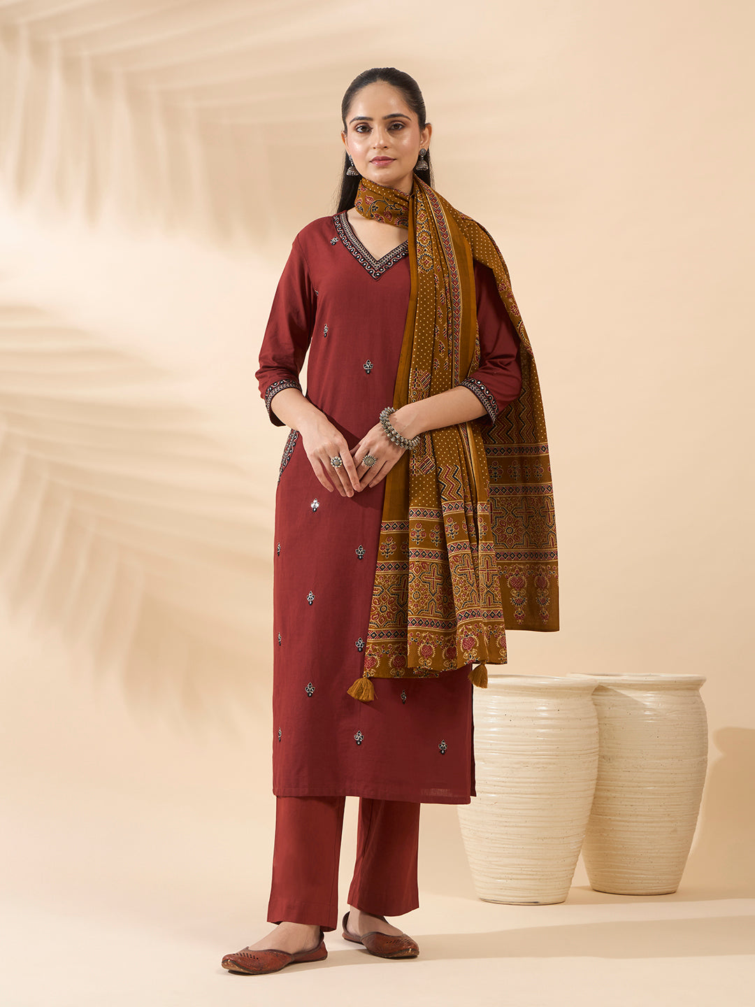 Maroon Embroidered Cotton Kurta Set with Dupatta