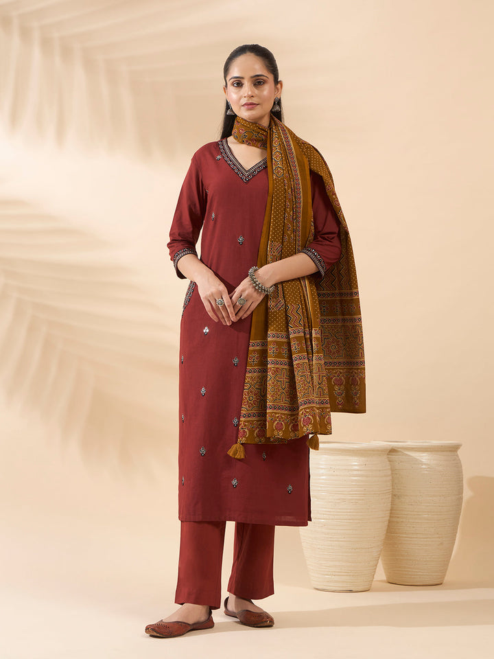 Maroon Embroidered Cotton Kurta Set with Dupatta