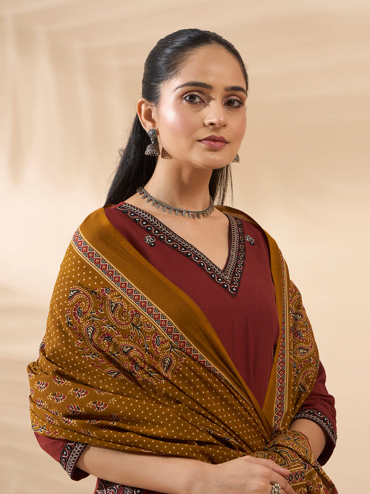 Maroon Embroidered Cotton Kurta Set with Dupatta