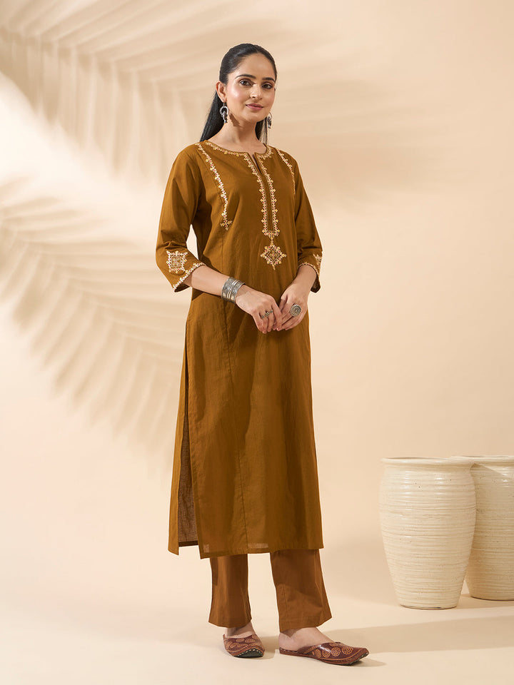 Mustard Embroidered Pure Cotton Kurta Set with Dupatta