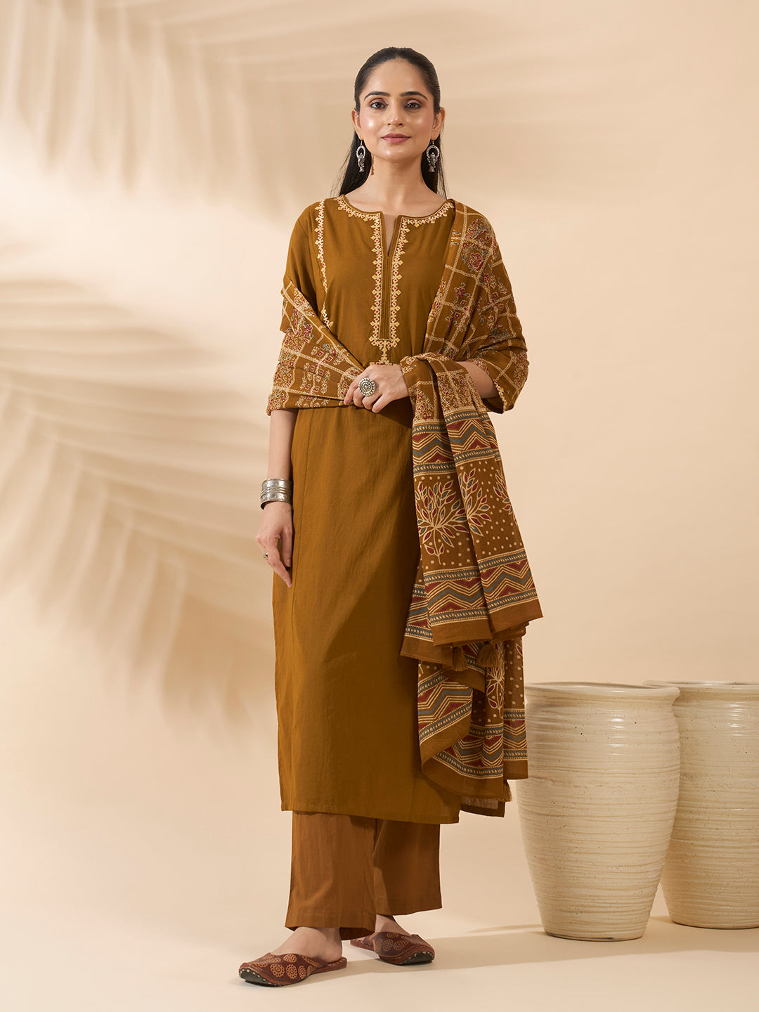 Mustard Embroidered Pure Cotton Kurta Set with Dupatta