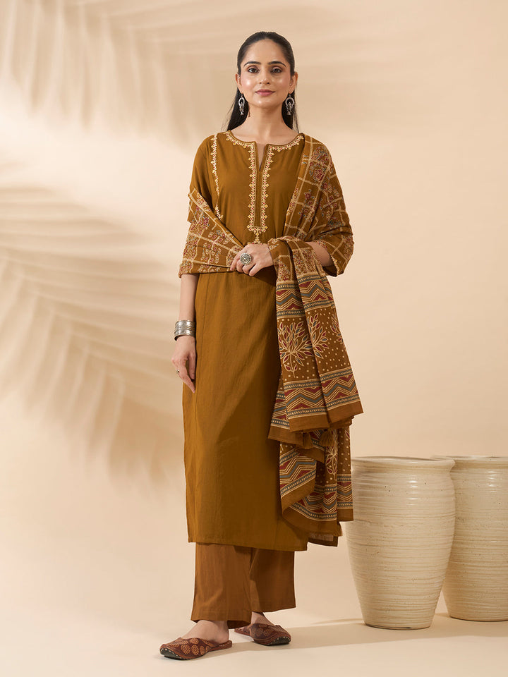 Mustard Embroidered Pure Cotton Kurta Set with Dupatta