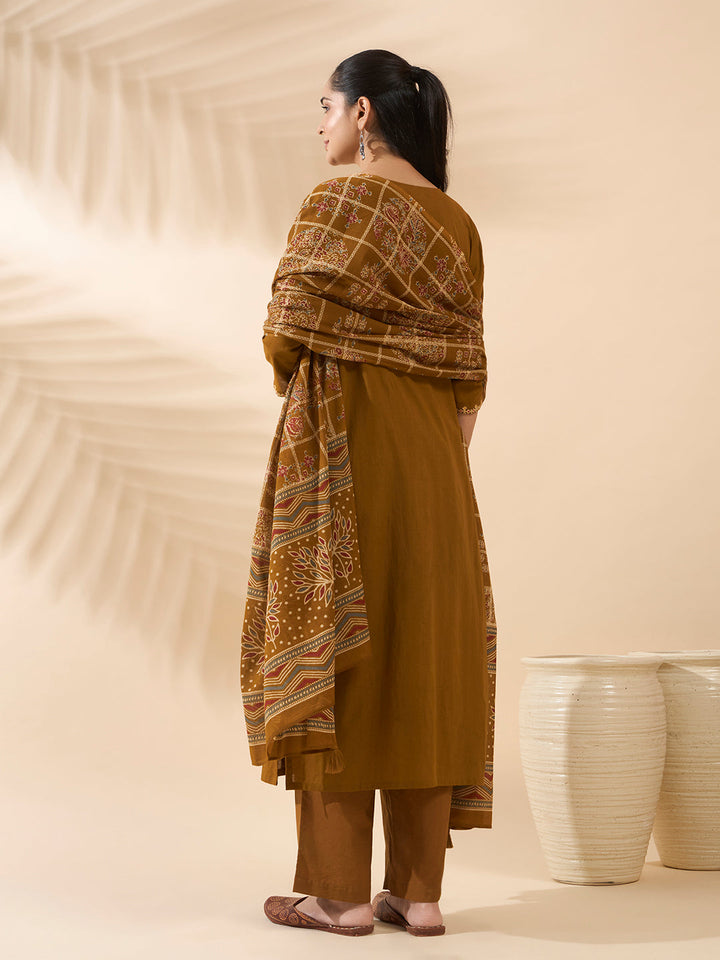Mustard Embroidered Pure Cotton Kurta Set with Dupatta