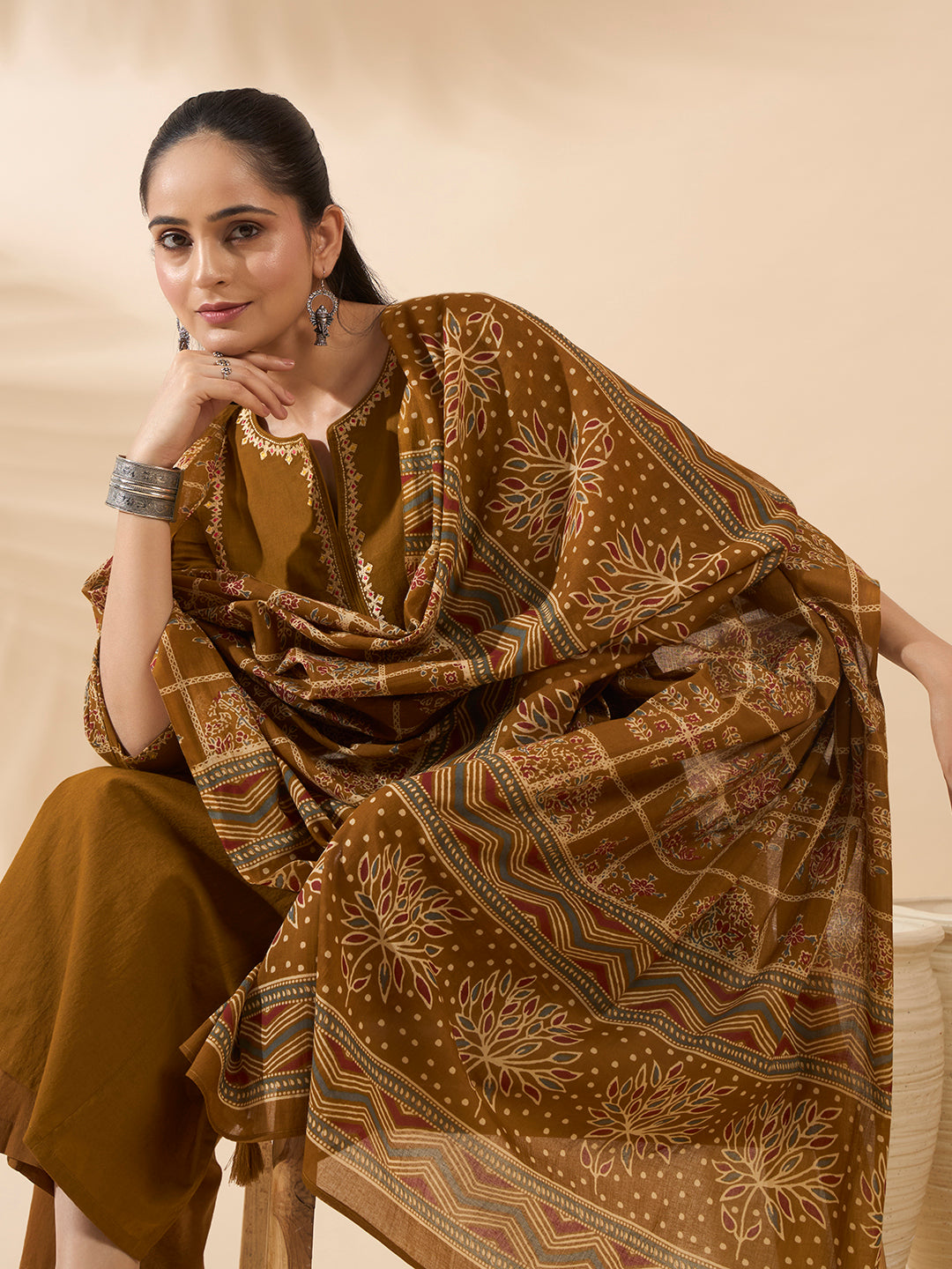 Mustard Embroidered Pure Cotton Kurta Set with Dupatta