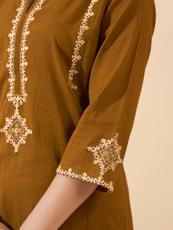 Mustard Embroidered Pure Cotton Kurta Set with Dupatta
