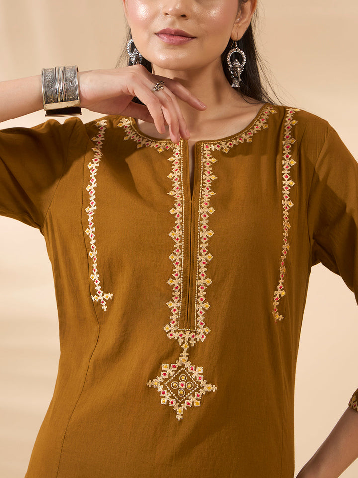Mustard Embroidered Pure Cotton Kurta Set with Dupatta
