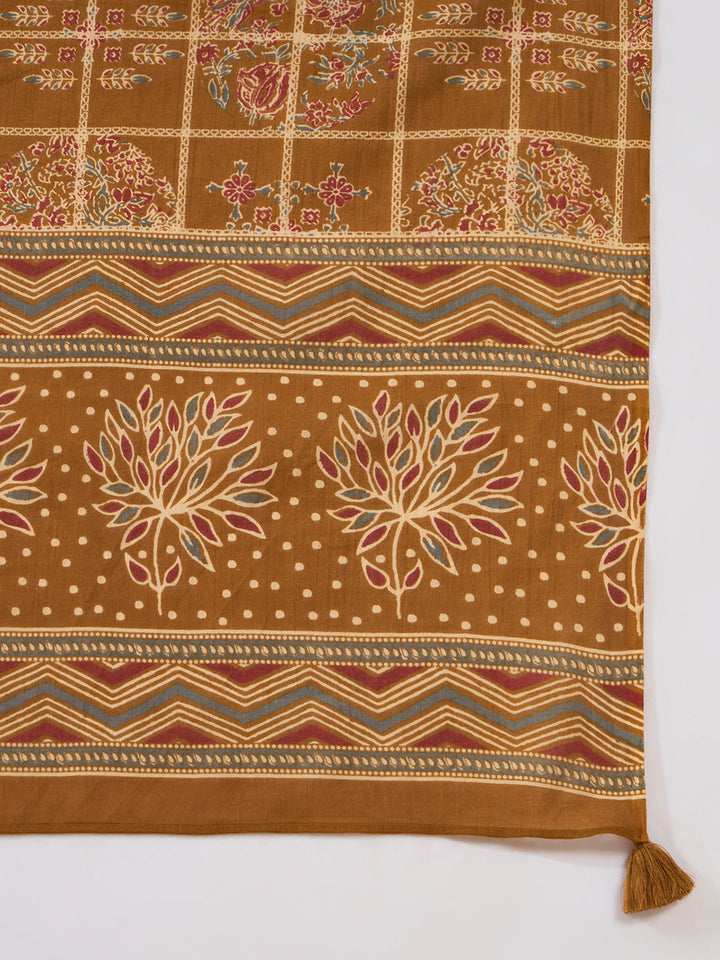 Mustard Embroidered Pure Cotton Kurta Set with Dupatta