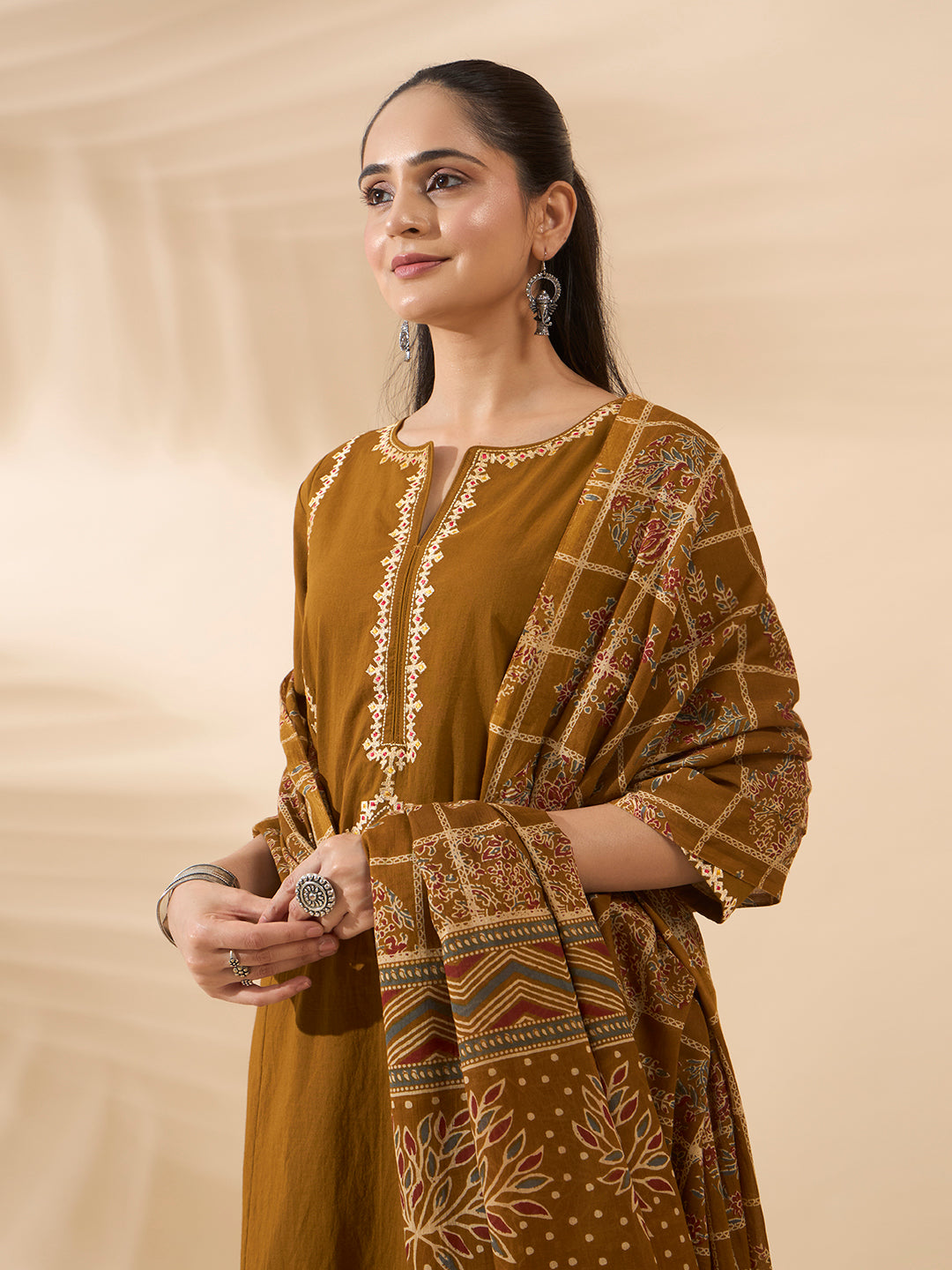Mustard Embroidered Pure Cotton Kurta Set with Dupatta