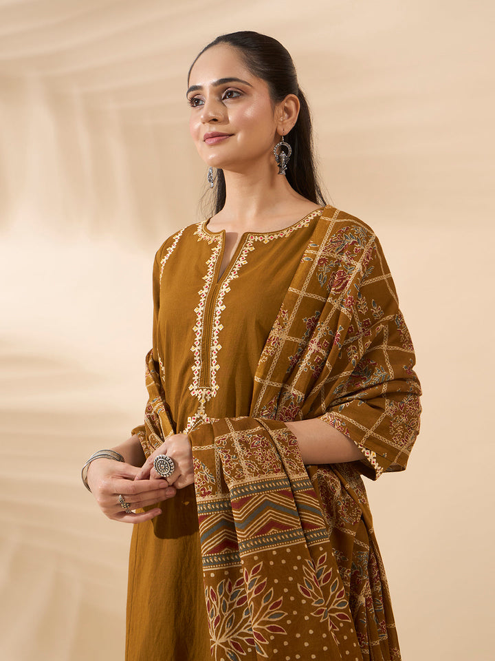 Mustard Embroidered Pure Cotton Kurta Set with Dupatta