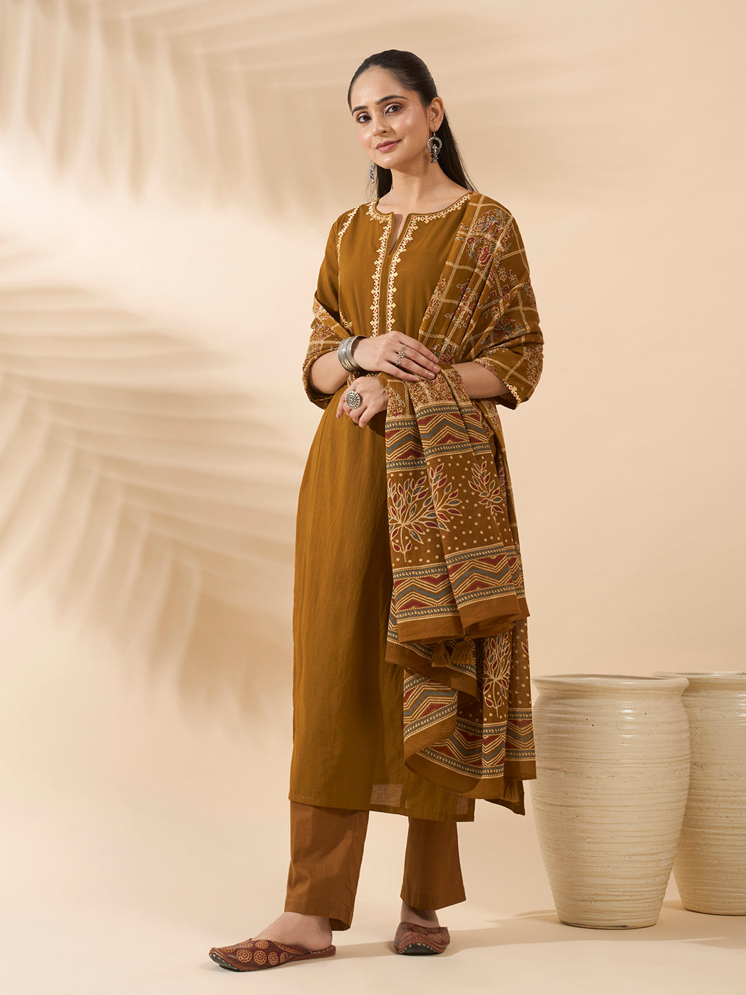 Mustard Embroidered Pure Cotton Kurta Set with Dupatta