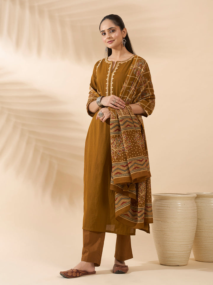 Mustard Embroidered Pure Cotton Kurta Set with Dupatta
