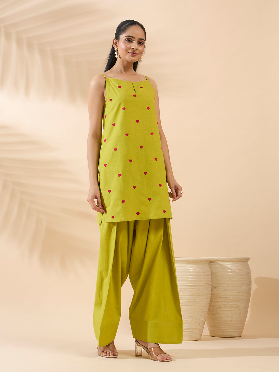 Lemon Yellow Embroidered Cotton Farsi Salwar Suit Set with Dupatta