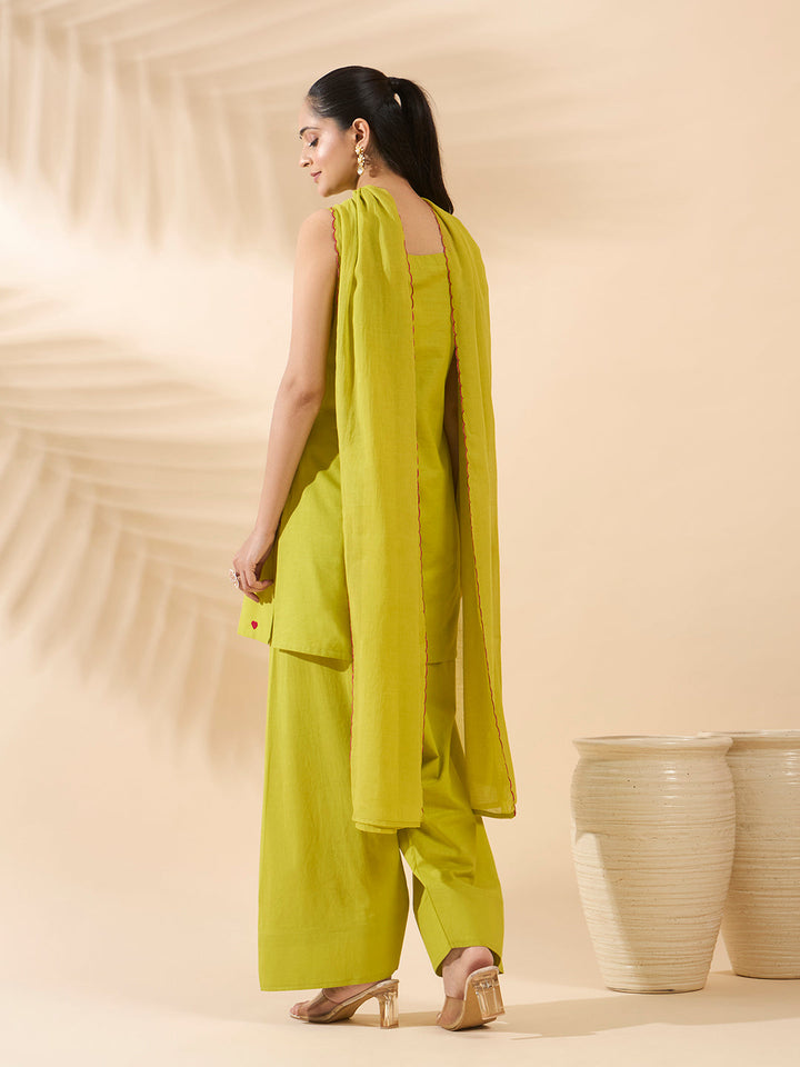 Lemon Yellow Embroidered Cotton Farsi Salwar Suit Set with Dupatta