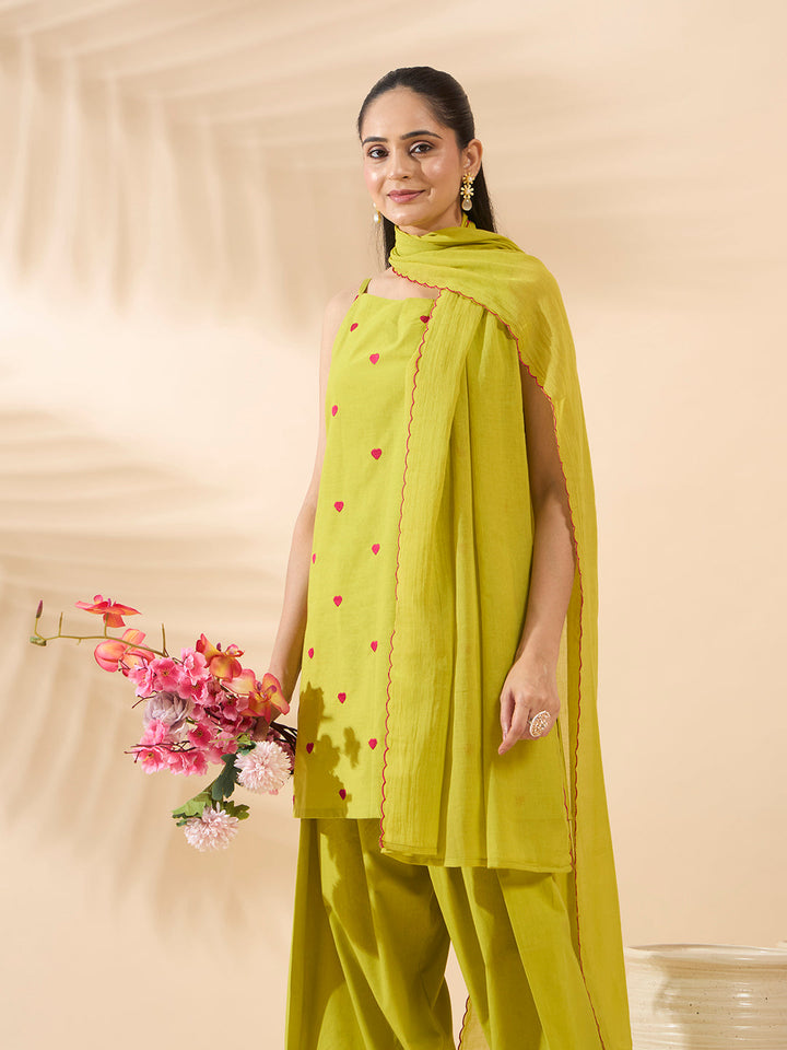Lemon Yellow Embroidered Cotton Farsi Salwar Suit Set with Dupatta