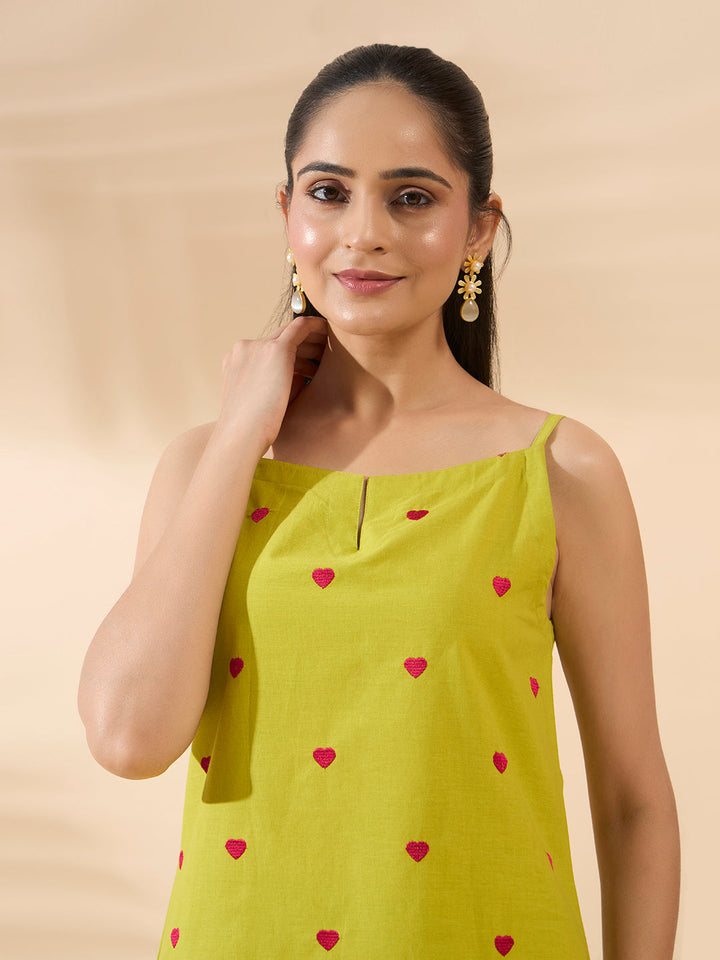 Lemon Yellow Embroidered Cotton Farsi Salwar Suit Set with Dupatta