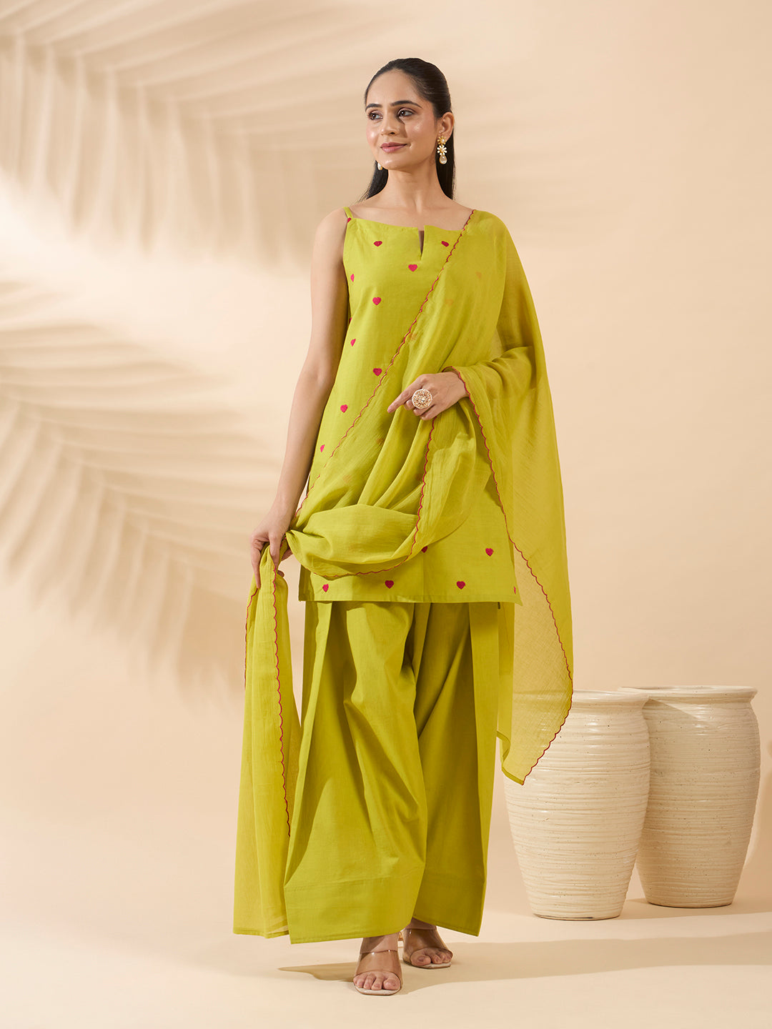Lemon Yellow Embroidered Cotton Farsi Salwar Suit Set with Dupatta
