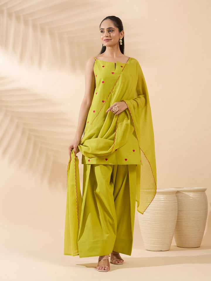 Lemon Yellow Embroidered Cotton Farsi Salwar Suit Set with Dupatta