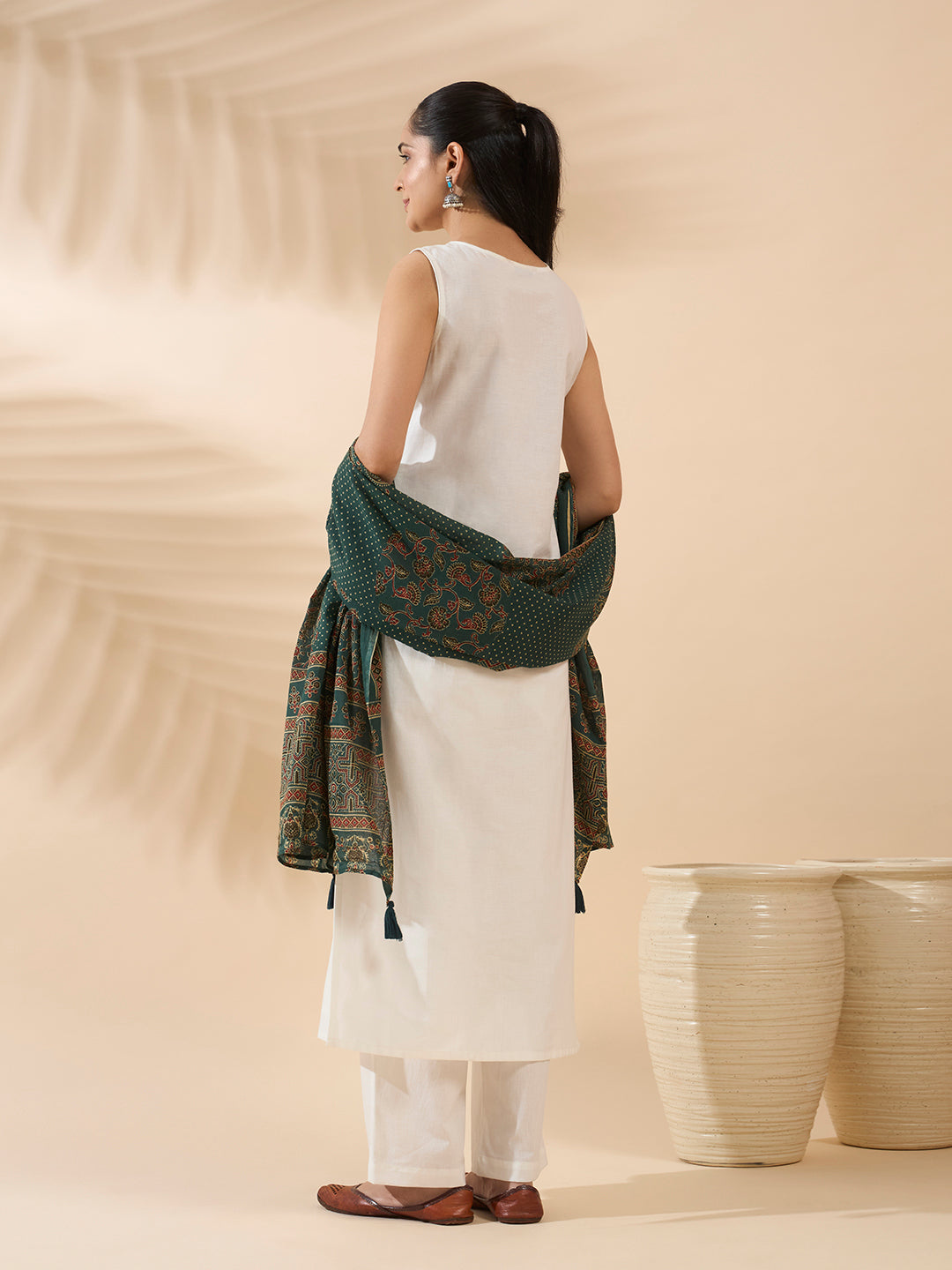 White Embroidered Cotton Kurta Set with Dupatta