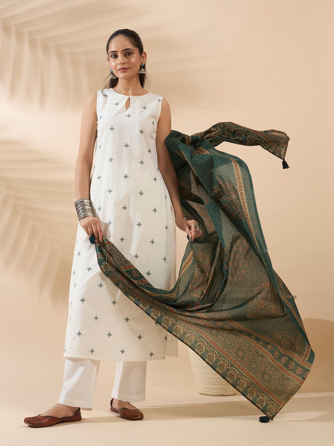 White Embroidered Cotton Kurta Set with Dupatta