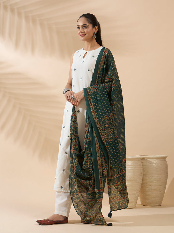 White Embroidered Cotton Kurta Set with Dupatta