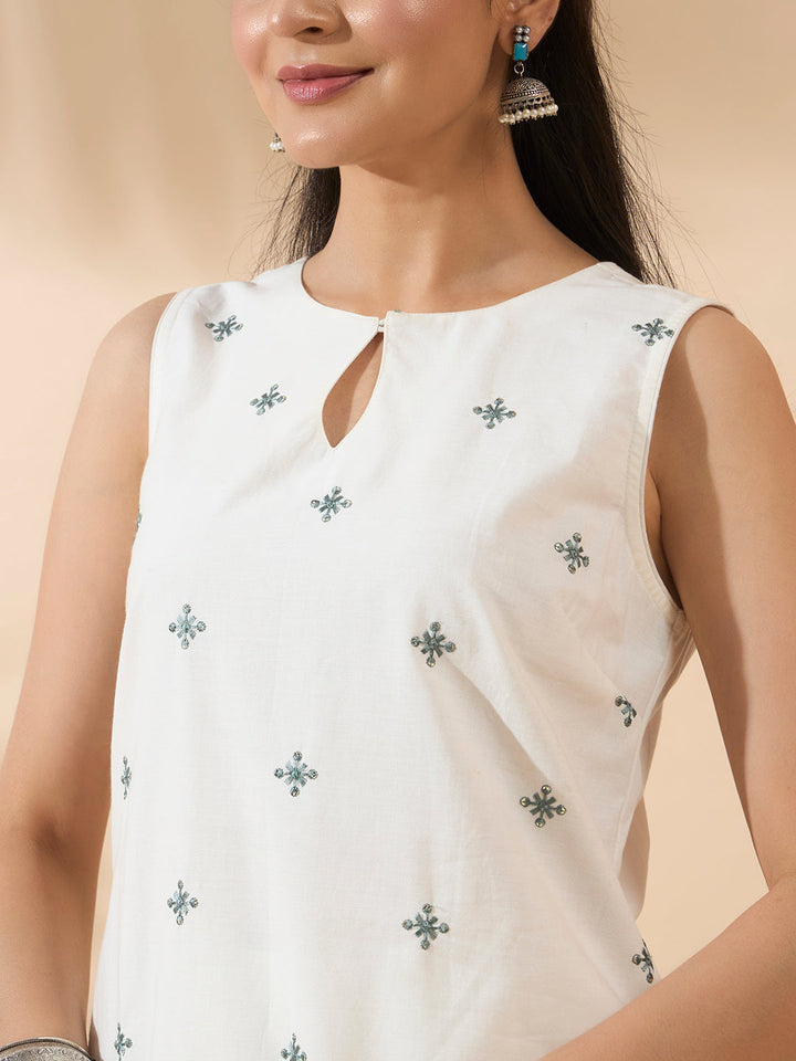 White Embroidered Cotton Kurta Set with Dupatta