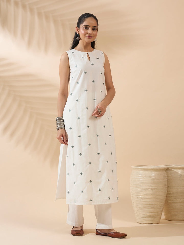 White Embroidered Cotton Kurta Set with Dupatta