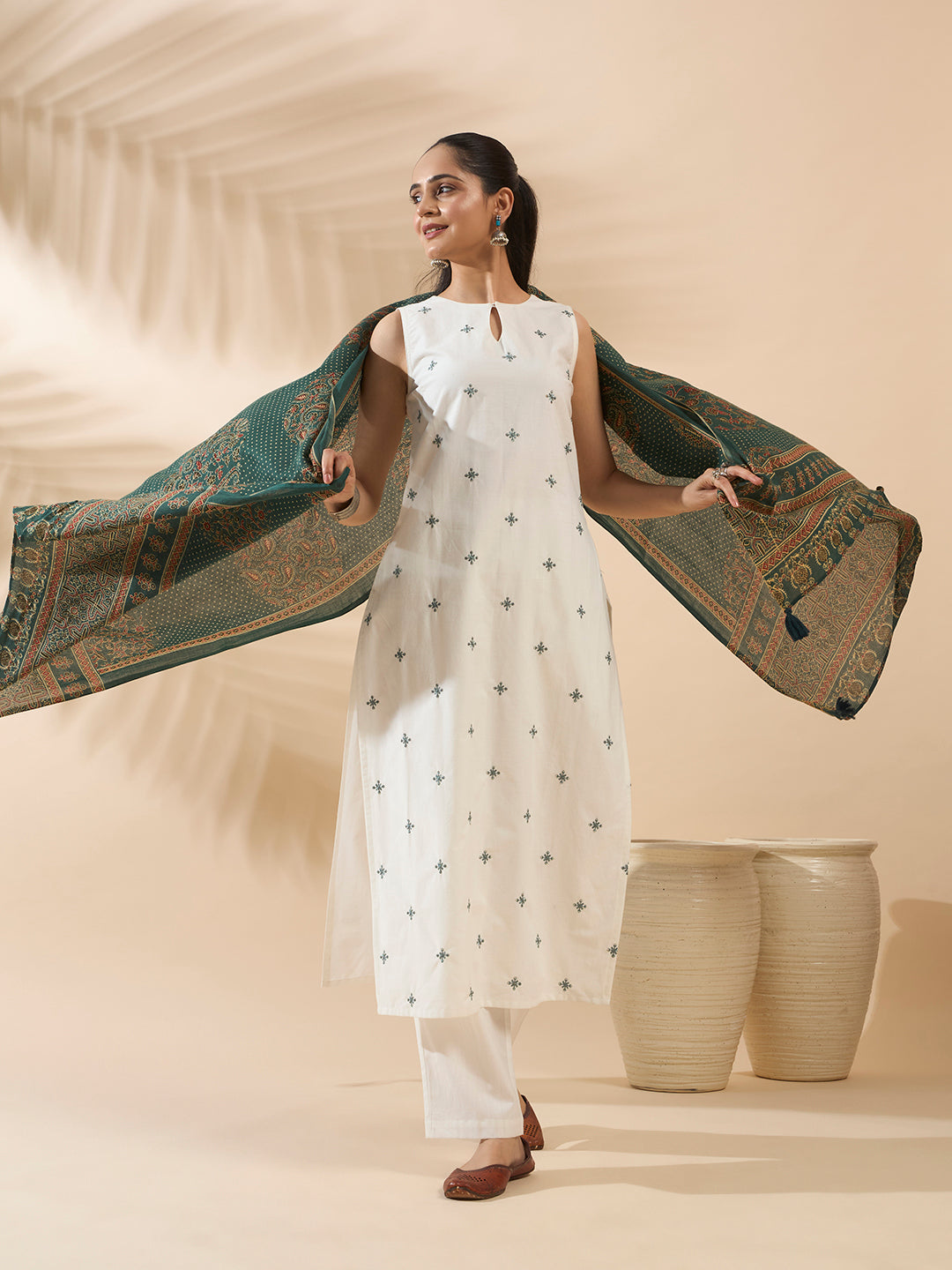 White Embroidered Cotton Kurta Set with Dupatta