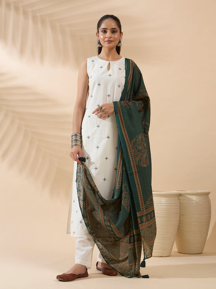 White Embroidered Cotton Kurta Set with Dupatta