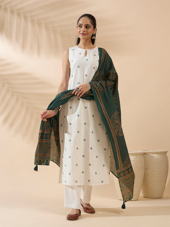 White Embroidered Cotton Kurta Set with Dupatta