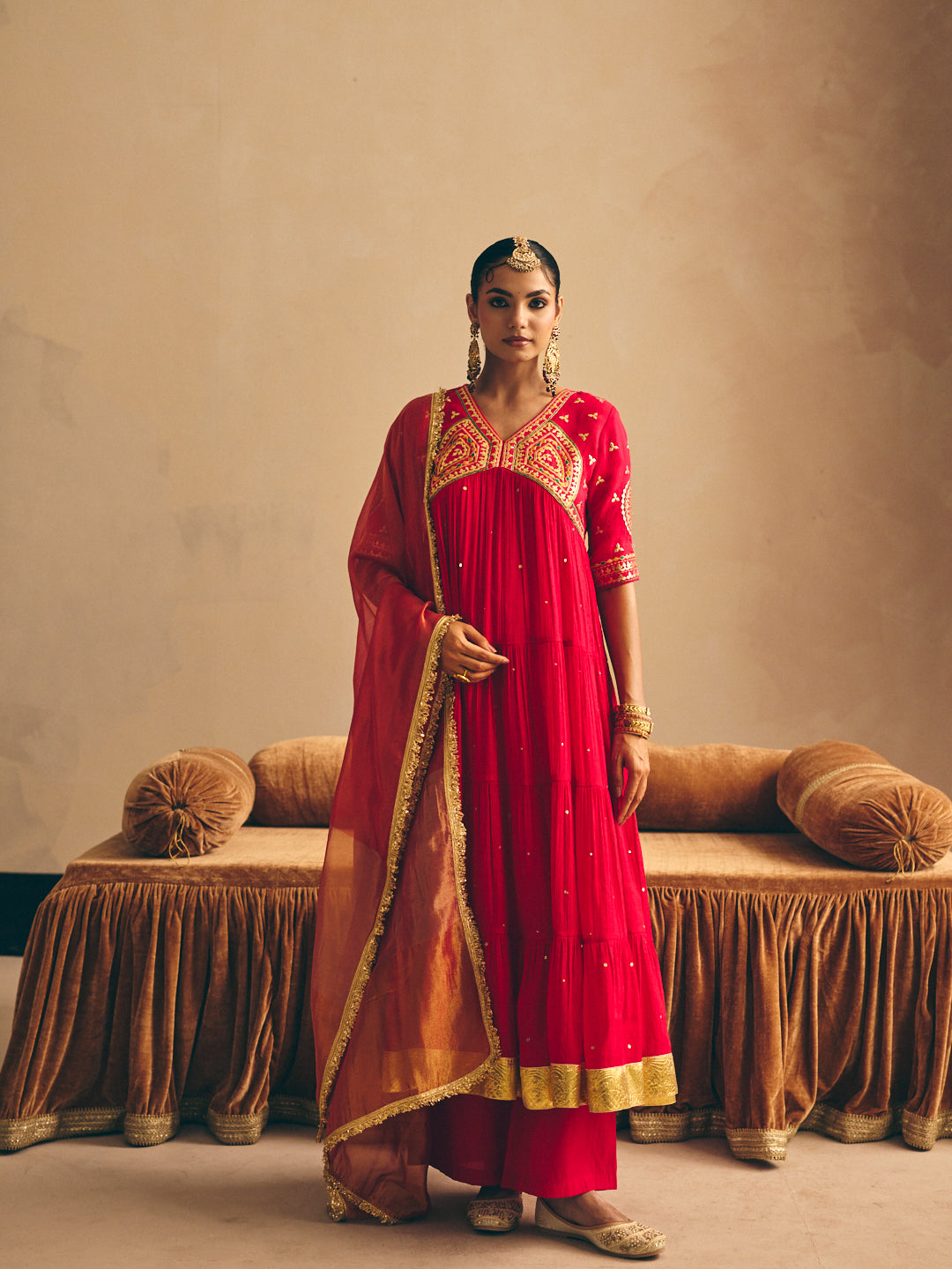 Red Embroidered Flared Anarkali Kurta with Palazzo & Dupatta