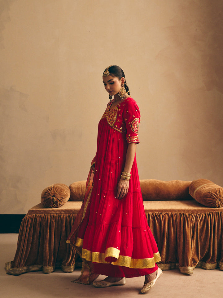 Red Embroidered Flared Anarkali Kurta with Palazzo & Dupatta