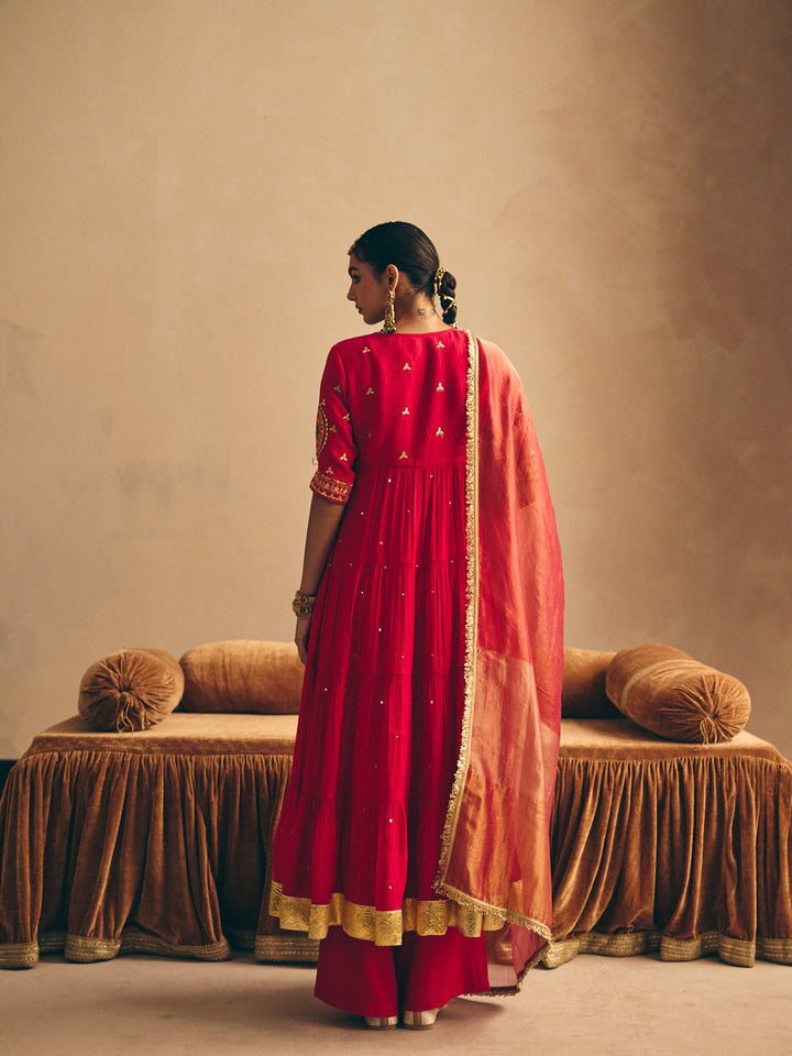 Red Embroidered Flared Anarkali Kurta with Palazzo & Dupatta