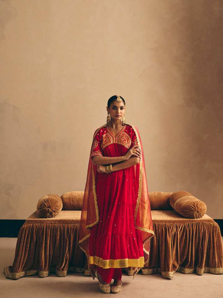 Red Embroidered Flared Anarkali Kurta with Palazzo & Dupatta