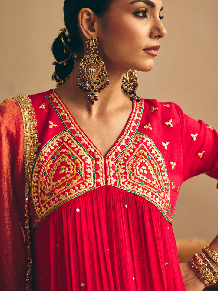 Red Embroidered Flared Anarkali Kurta with Palazzo & Dupatta