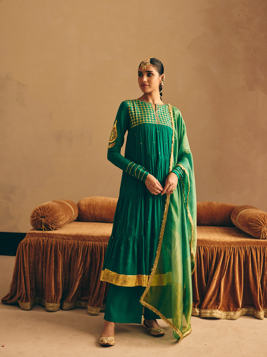 Green Embroidered Anarkali Kurta with Palazzo & Dupatta