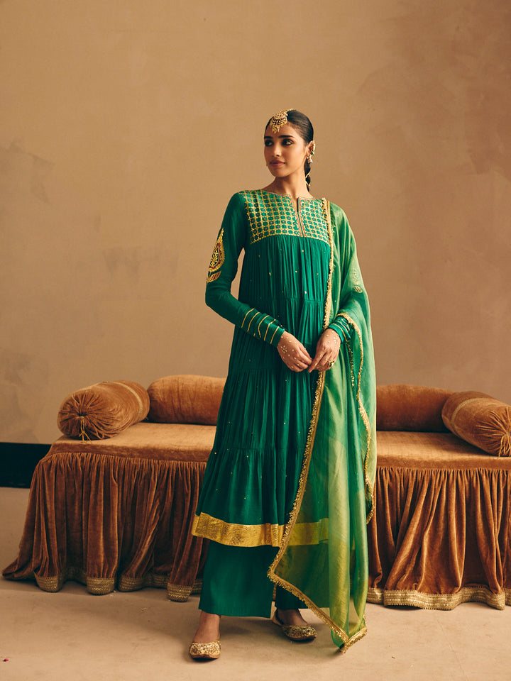 Green Embroidered Anarkali Kurta with Palazzo & Dupatta