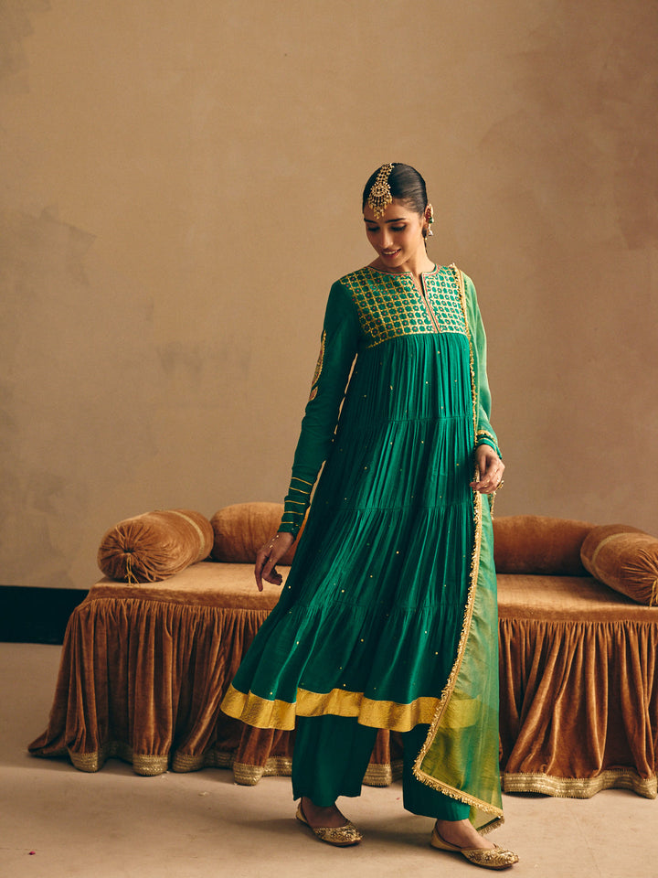 Green Embroidered Anarkali Kurta with Palazzo & Dupatta