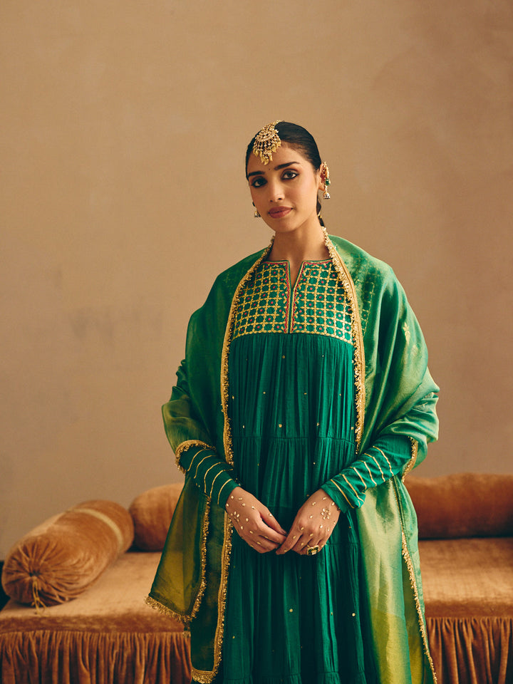 Green Embroidered Anarkali Kurta with Palazzo & Dupatta